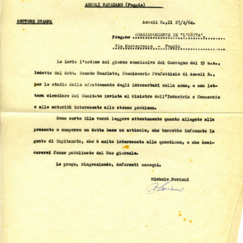 Lettera alla stampa del Comitato intersindacale per lo sfruttamento degli idrocarburi del 27 Aprile 1964